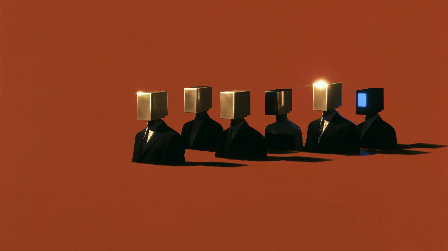 Six agents in dark suits with geometric cube heads, gathered against a warm orange background.